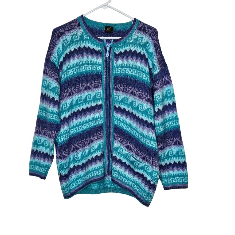 Handmade Alpaca Wool Cardigan With Geometric Pattern & Zip Closure‎ Measures M